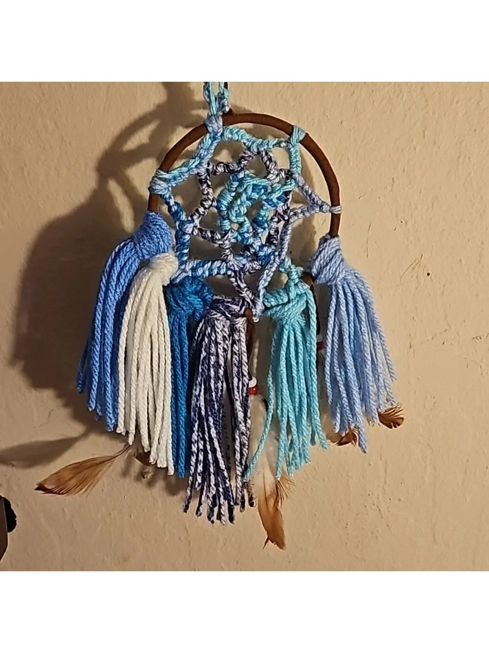Hand Knit Crochet Dreamcatcher Brown Blue Yarn Feathers